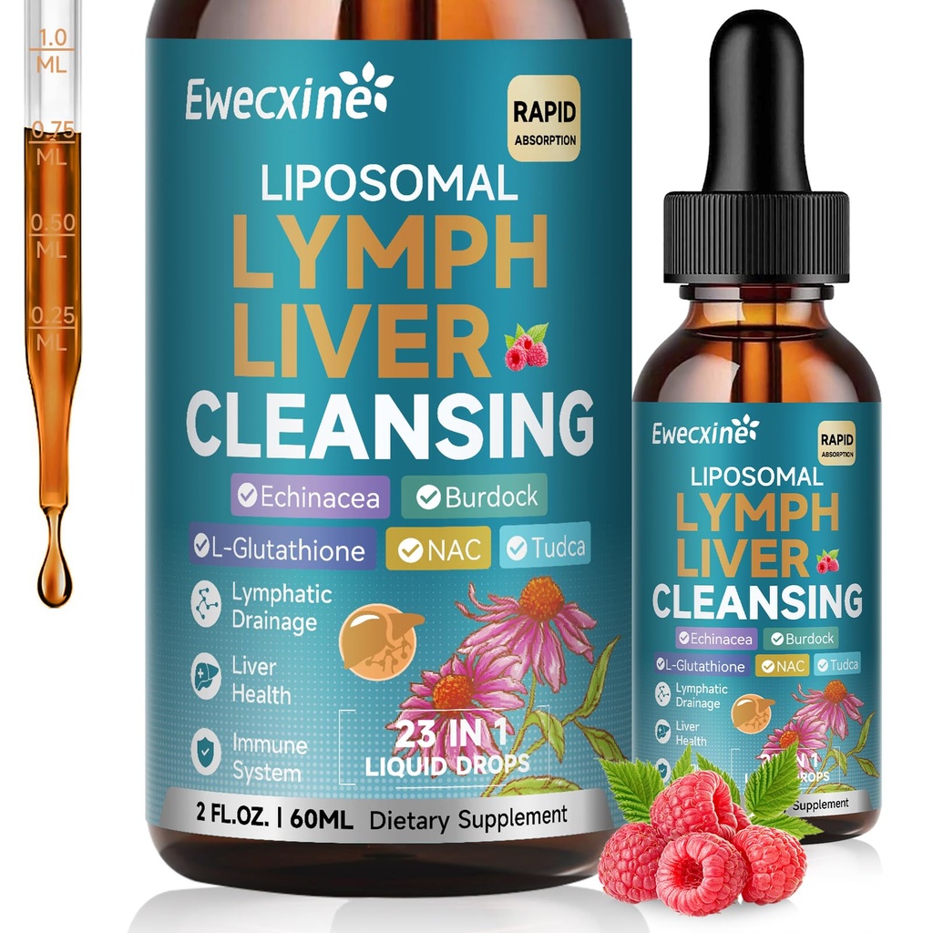 Liposomal Lymphatiage & Liver Cleanse Drops, 23-in-1 with Echinacea, NAC, TUDCA, L-Glutathione, Burdock for Lymph, Liver Detox & Repair, Immune Support, Raspberry Flavor, 2 fl oz Supplement