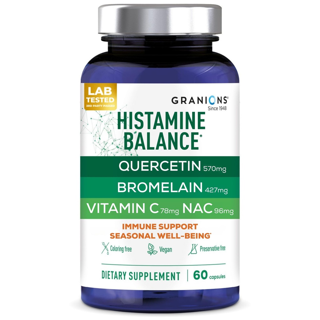 Granions Histamine Balance Kompleksi - Bromelain, NAC ve Vitamin C - D-Hist Mevsim Histamine Blocker & Immune Support Supplement for Yetişkinler and Children - 60 Vegan Capsules