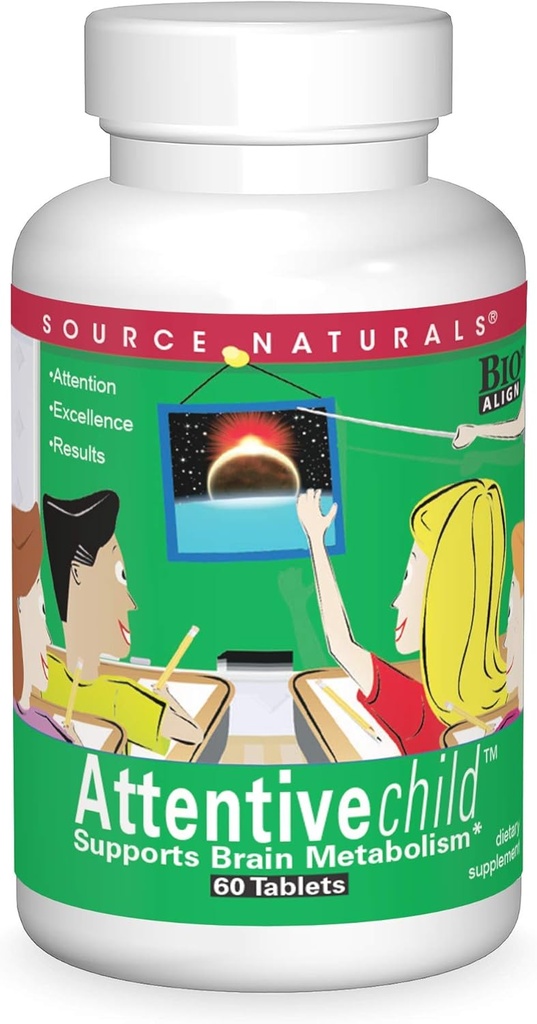 Source Naturals Attentive Child - Aktif Çocuklar için Sağlıklı Bilişsel Beslenmeler - DMAE, Magnezyum, çinko & Grape Tohum Takması - 60 Tabletler