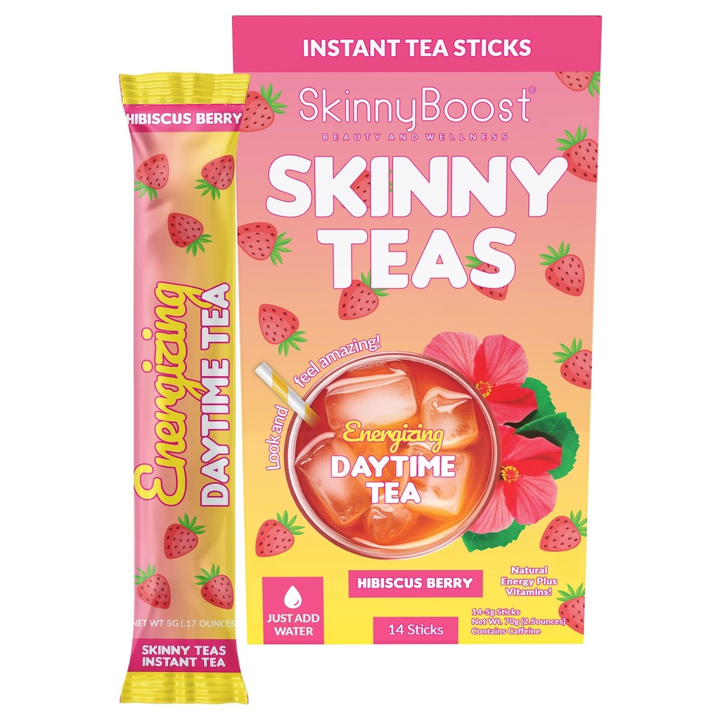 Skinny Teas Ενεργοποιώντας την ημέρα Τσάι Sticks – Hibiscus Berry Instant Tea, Φυσική ενέργεια + Μεταβολισμός Υποστήριξη, Βιταμίνες + Προβιοτικές Ίνες, 10 θερμίδες, 14 Count