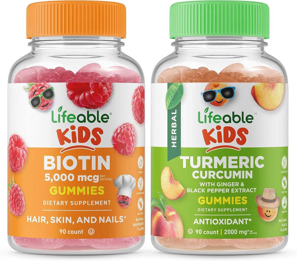 Lifeable Biotin Kids + Turmeric Curcumin Kids, Gummies Sche - Great Tasting, Vitamin Supplement, Gluten Free, GMO Free, Chewable Gummy