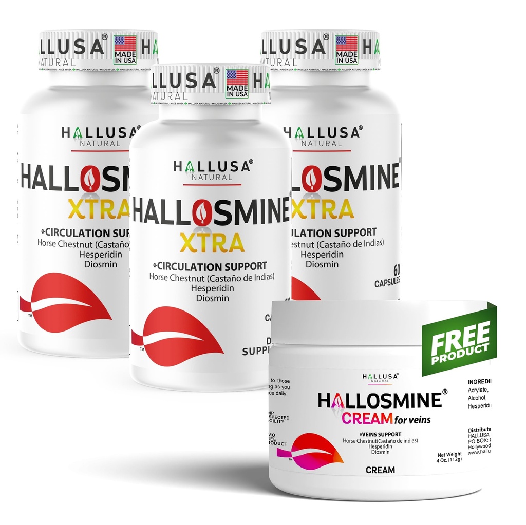Hallosmine Xtra 850mg Diosmin Hesperidin & Horse Chestnut, 180 Capsules + FREE Leg Cream with Diosmin, Hesperidin & Horse Chestnut, 4 oz | Blood Circulation & Vein Support, GMO Free, Gluten Free