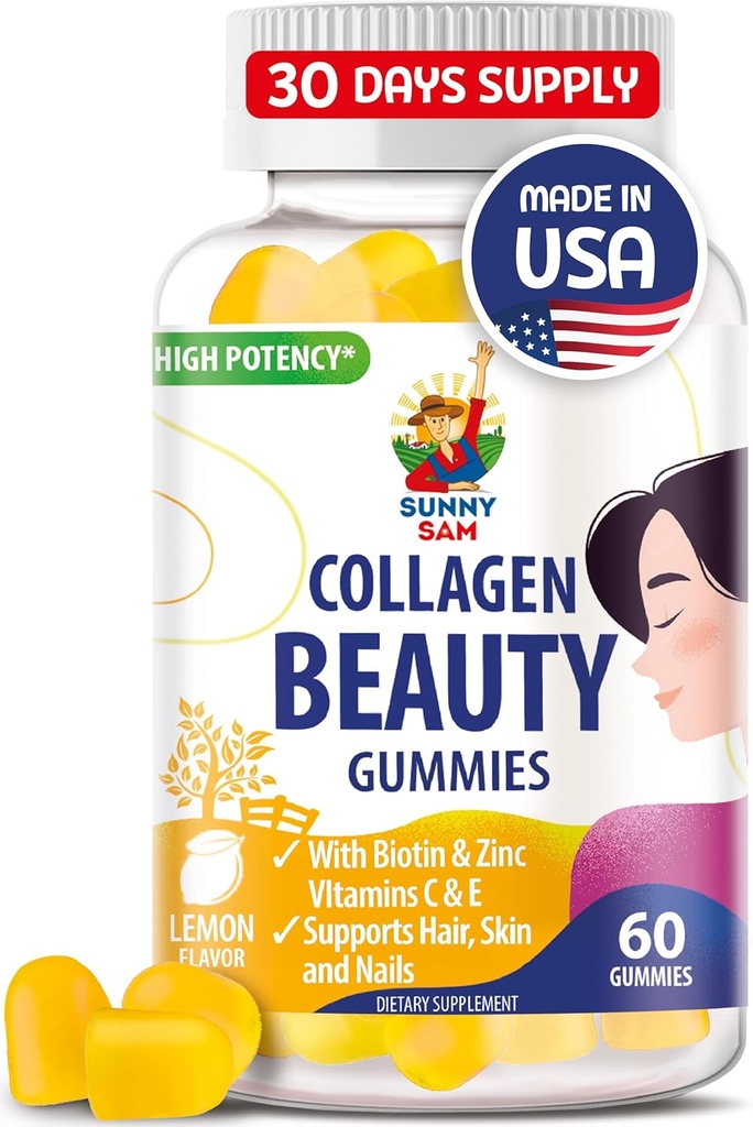 SUNNY SAM Biotin Collagen Gummies για γυναίκες & κορίτσια - χαμηλή ζάχαρη 60 μασώμενη ομορφιά κολλαγόνους Gummies για βελτιωμένο δέρμα μαλλιών και νύχια - Βιοτίνη, βιταμίνη Α, συμπλήρωμα ψευδαργύρου - φυσικό άρωμα λεμόνι