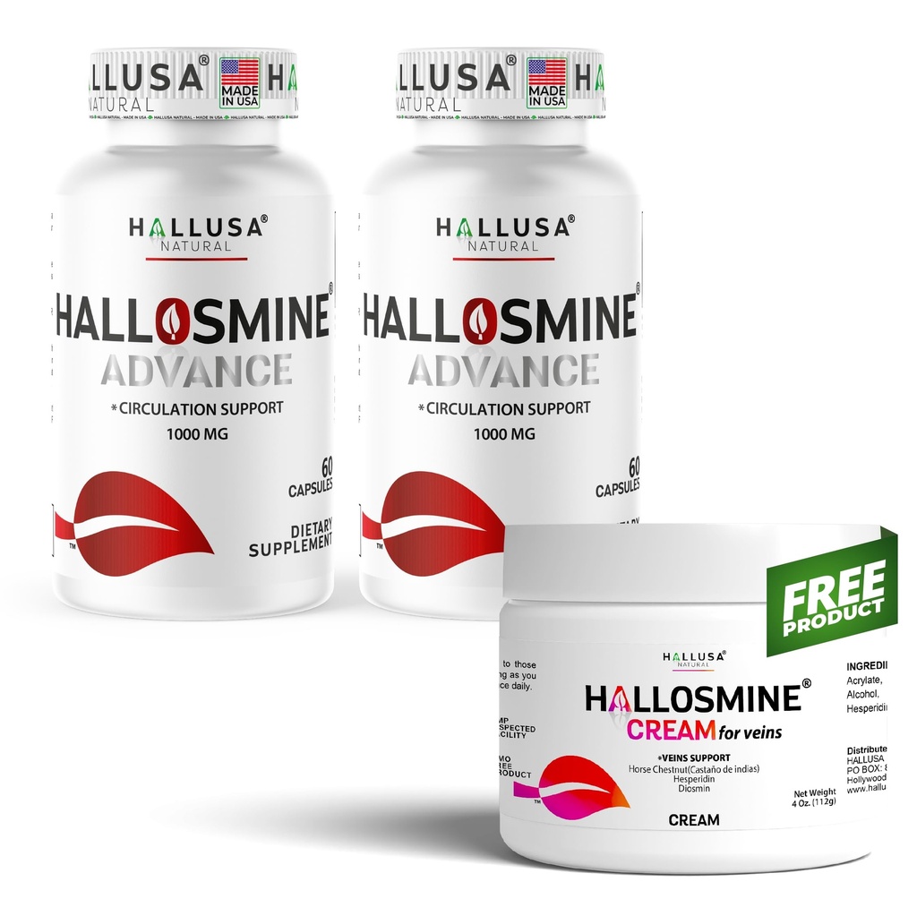 Hallusa Natural Hallosmine Advance 1000mg Diosmin, 120 Capsules + Free Leg Cream with Diosmin, Hesperidin & Horse Chestnut, 4 oz | Blood Circulation & Vein Support Supplement, GMO Free, Gluten Free