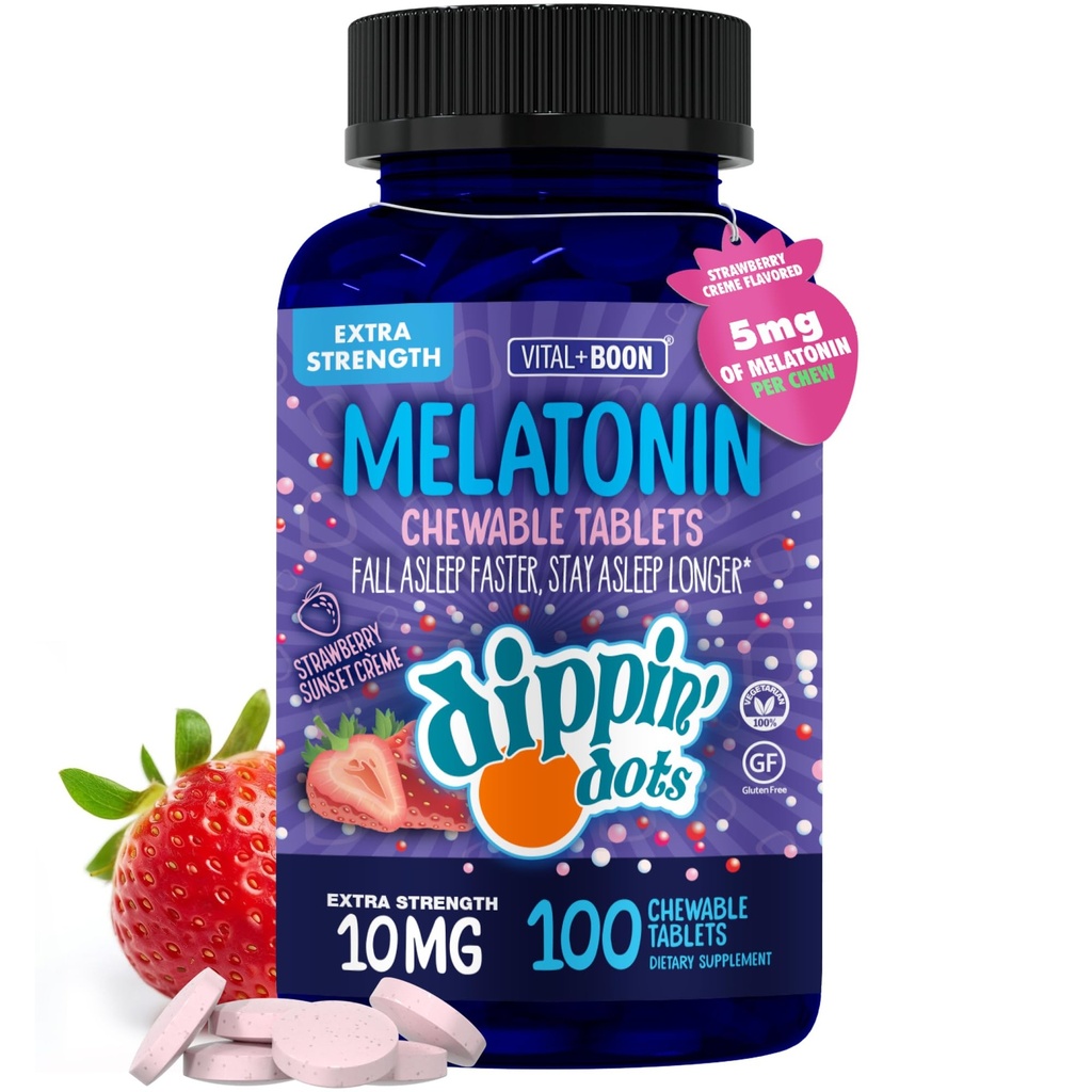 Dippin' Dots Chewable Melatonin 10mg – Melatonin 10 mg Tablets for Adults – Sugar Free – Strawberry Sunset Creme Flavor – Restful Sleep Support Supplement – Kosher, Gluten Free, Vegetarian (100 Count)