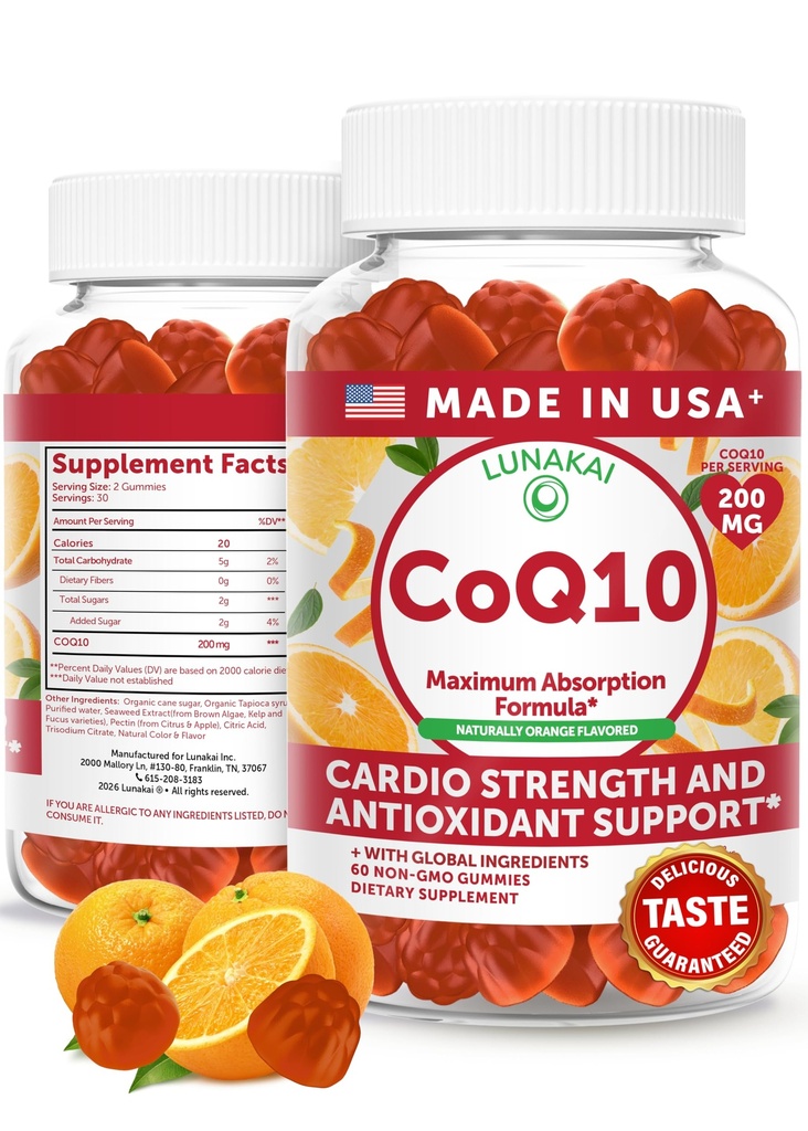 Lunakai USA Made CoQ10 Gummies for Adults – 200mg High Potency Coenzyme Q10 Supplement for Daily Heart, Energy & Antioxidant Support for Women & Men, Non-GMO, 60ct