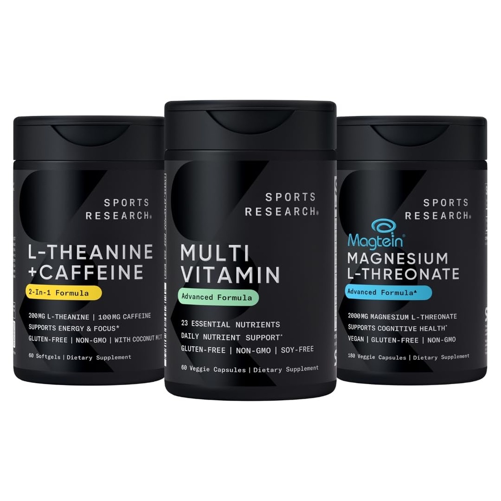 Sports Research® Energy Production Pack - 23 Essential Vitamins & Minerals with CoQ10 & Iodine - Daily Nutrient Support + L-Theanine Supplement + Caffeine & MCT Oil + Magnesium L-Threonate 2000mg