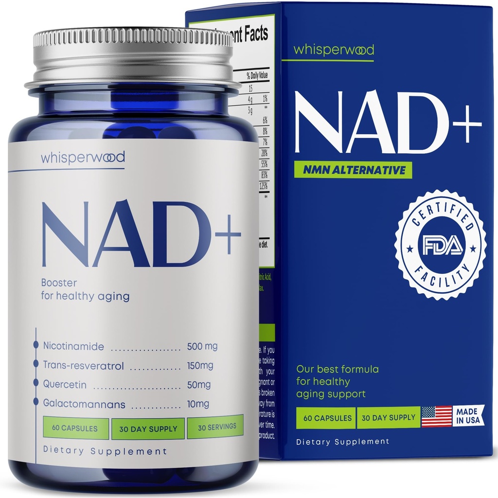 NAD+ Supplement with Nicotinamide Riboside, Trans Resveratrol & Quercetin – NAD Plus Complex for Energy, Brain & Mitochondrial Support – Antioxidant and Longevity Formula for Women & Men – 60 capsules