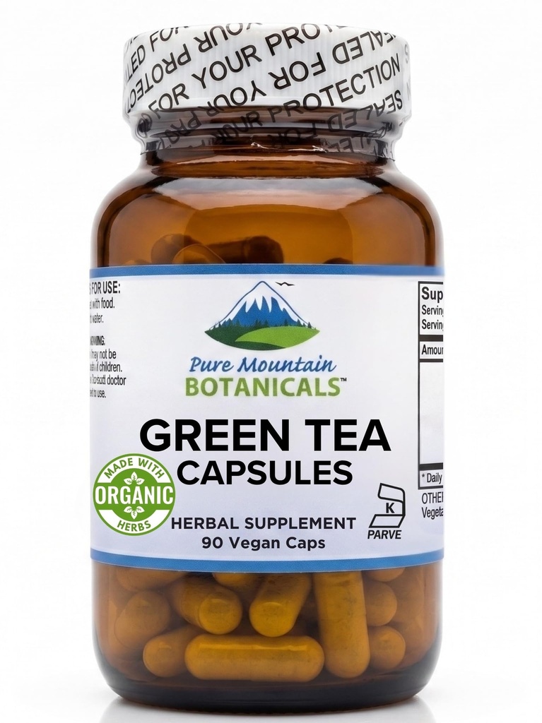 Green Tea Capsules - 90 Kosher Vegan Caps 450 mg Organik Full Spectrum ve Pure Green Tea Extract