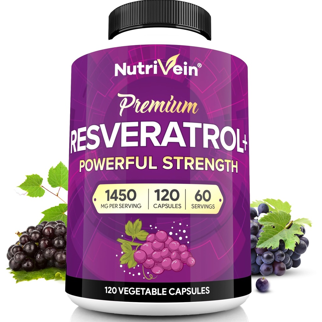 Nutrivein Premium Resveratrol 1450mg - 120 Caps: Pure Trans Resveratrol Supplement Enhanced with Green Tea Leaf & Acai Berry - Aging, Defenses, Brain, Heart, and Joint Support