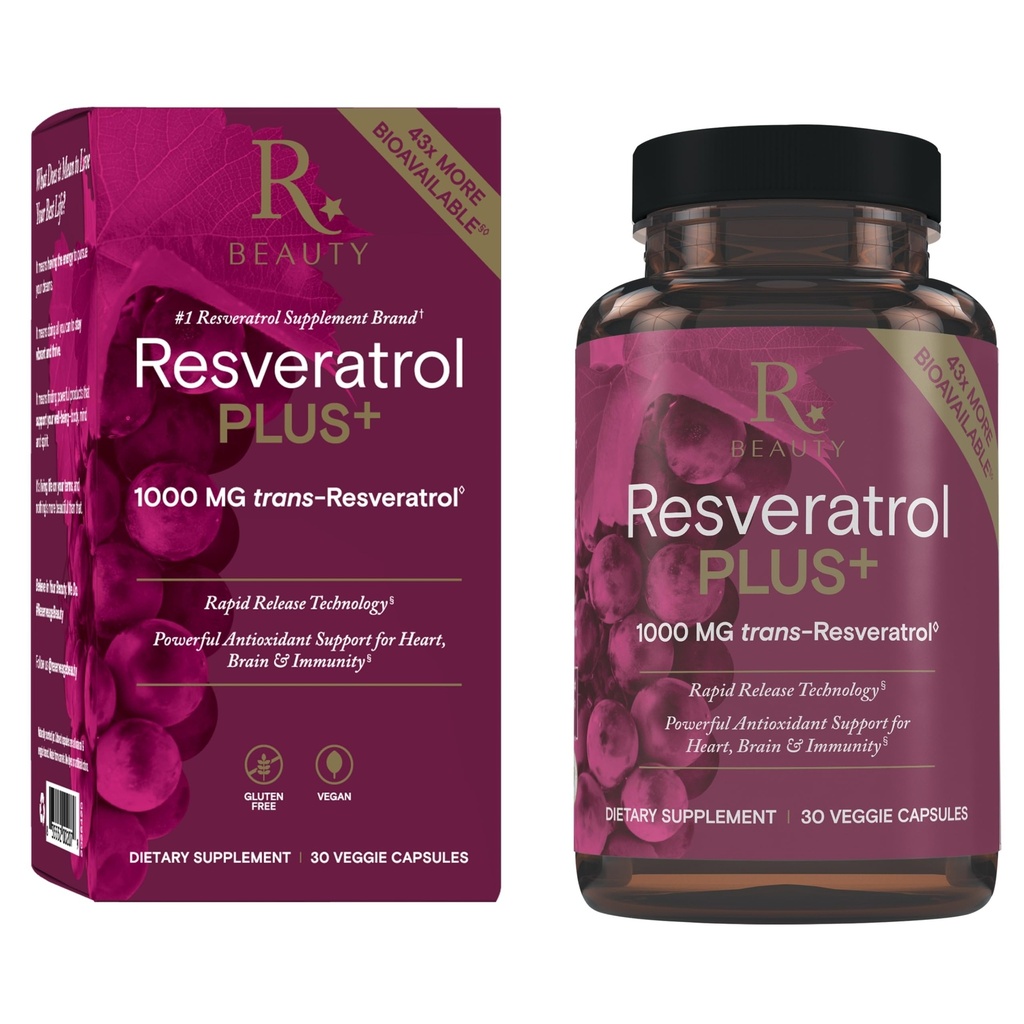 Reserveage Beauty Resveratrol Plus+ 1000 mg - Rapid-Release Resveratrol Capsules with Quercetin for Immune System, Brain Health & Cellular Health - Gluten-Free & Vegan - 30 Veggie Capsules