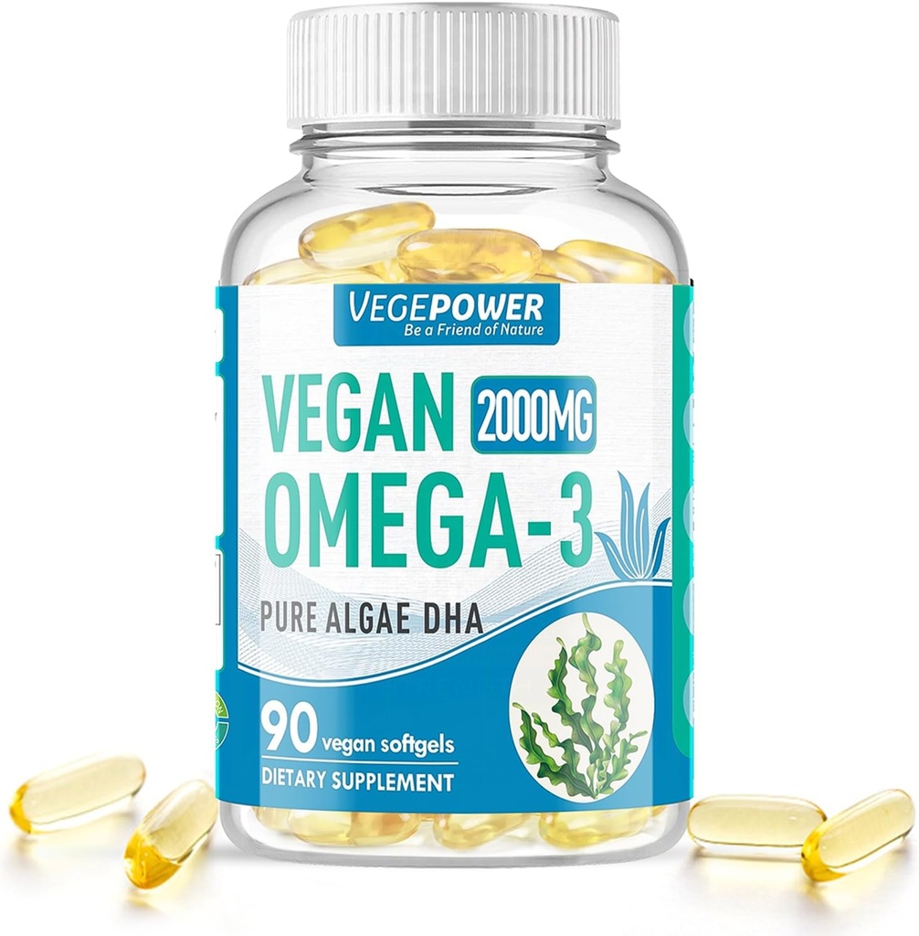 Vegan Omega-3 Algae DHA Supplements - 2000 mg Algae Oil, Plant-Based Prenatal Algal DHA, 90 Carrageenan Free Softgels -Sustainable Fish Oil Alternative Supports Brain, Heart, Eyes, Joint Health