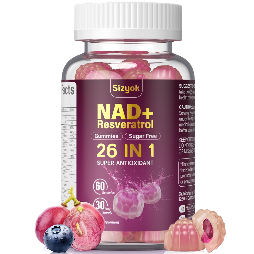 NAD Resveratrol Gummies, NAD Supplements for Women with Hydrolyzed Collagen, Grape Seed, and D-Biotin Support Antioxidant Action, Anti-Aging, Cell Regeneration & Energy, Sugar-Free, 60 Gummies