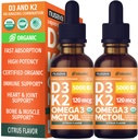 (2 Pack) Organic Vitamin D3 K2 Drops with MCT Oil & Omega 3 - Liquid Vitamin D3 5000 IU - K2 D3 Vitamin Supplement - Vitamin D Drops for Women & Men - No Fillers, Non-GMO, GMP, Citrus Flavor (2 Fl Oz)