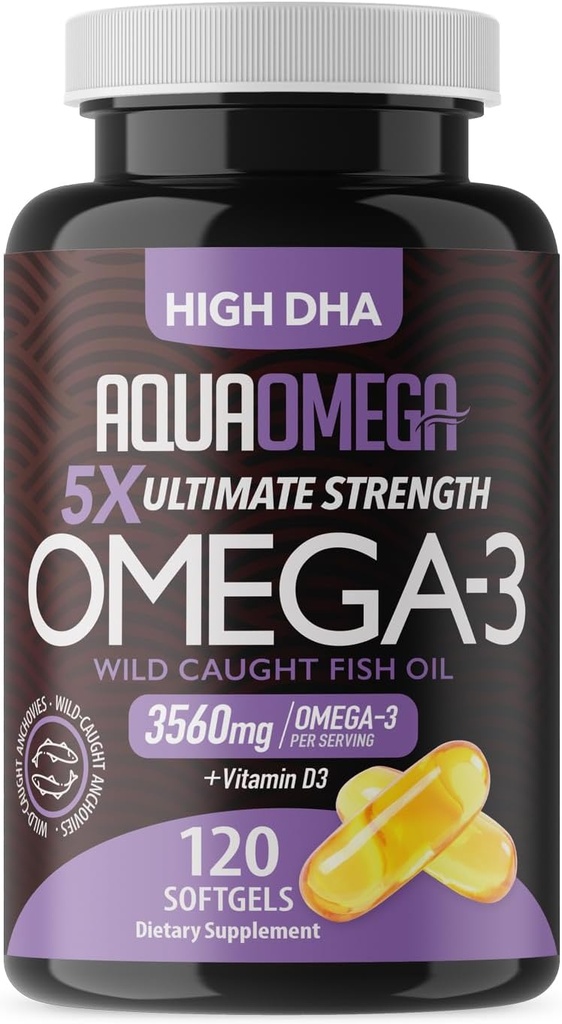 5X Ultimate Strength Omega 3 Fish Oil Supplements with EPA and DHA Omega-3 Fatty Acids and Vitamin D, Burpless Fish Omega3 with High DHA Supplements, Unflavored Omega3 Supplement, 120 Softgels