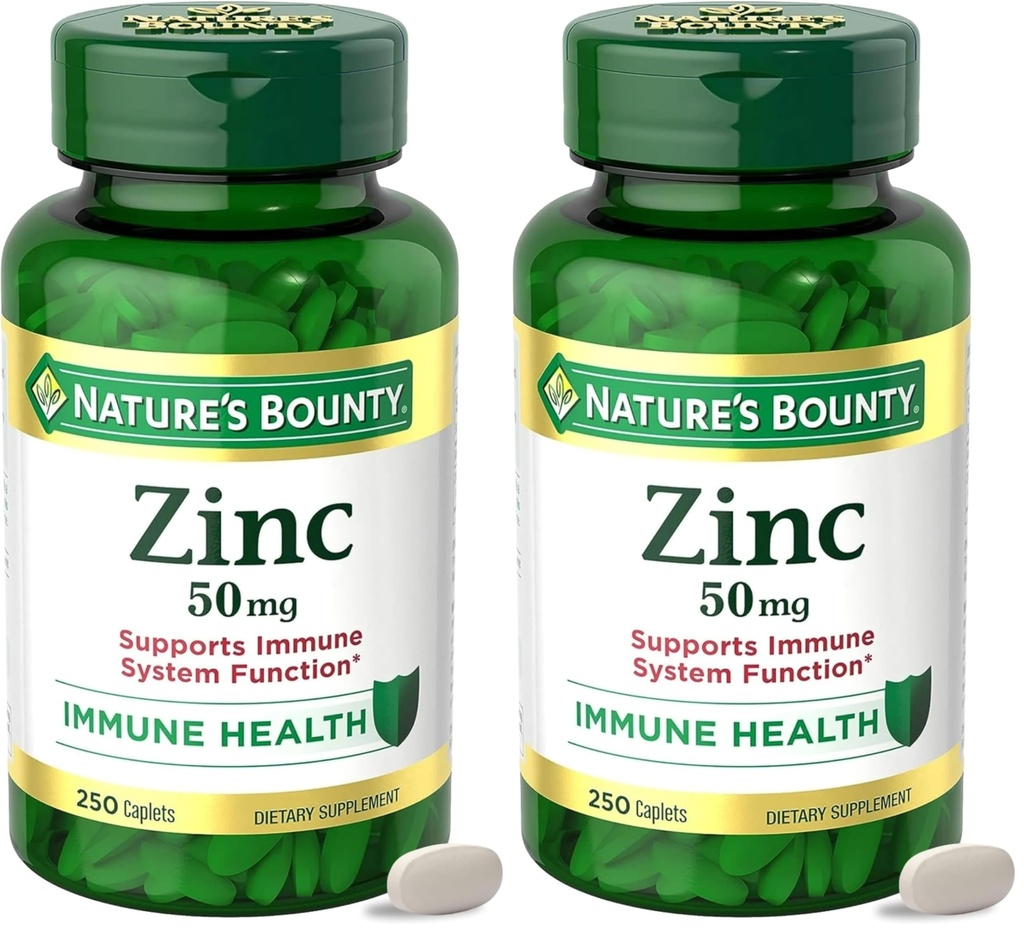 Nature's Bounty Çinko 50 mg,Immune Support & Antioxy Supplement,Promotes Skin Health,1 Caplet Per Day,Gluten Free,250 Vegetarian Caplets,(Pack of 2)