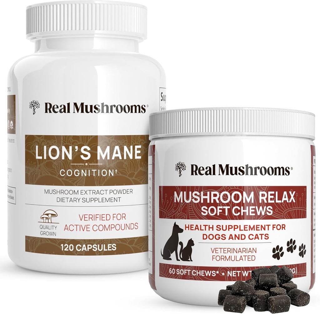 Real Mushrooms Lion’s Mane for Humans (120ct) & Mushroom Pet Relax Chews (60 Chews) - Bundle for Cognition & Relaxation - Vegan, Non-GMO, Gluten-Free, Grain-Free Mushroom Extract Supplements