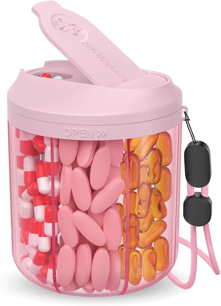 Pill Promise with 7 Large Karşılaştırmalar, 4.4" H x 3.6" Dia Pill Organizer for Travel, Supplement Organizer with Anti-Mixing Design, Madonna-Free Pill Container with 20 Adets Etiketler, Pink
