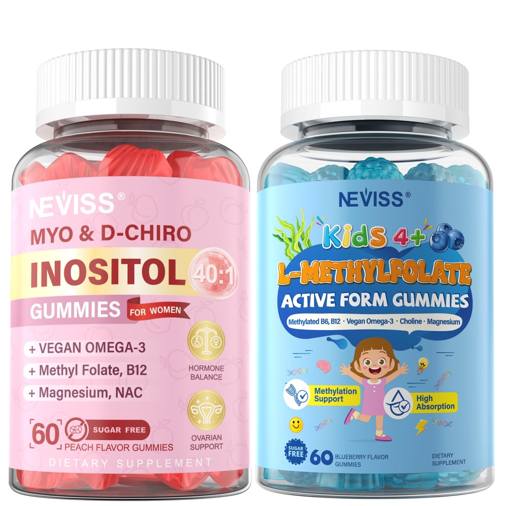 NEVISS 2Pack Myo-Inositol & D-Chiro Inositol Gummies Sugar Free, Ideal 40:1 Ratio Inositol Supplement for Women and L Methylfolate 1000mcg for Kids Teens Gummies + Methyl B6 B12