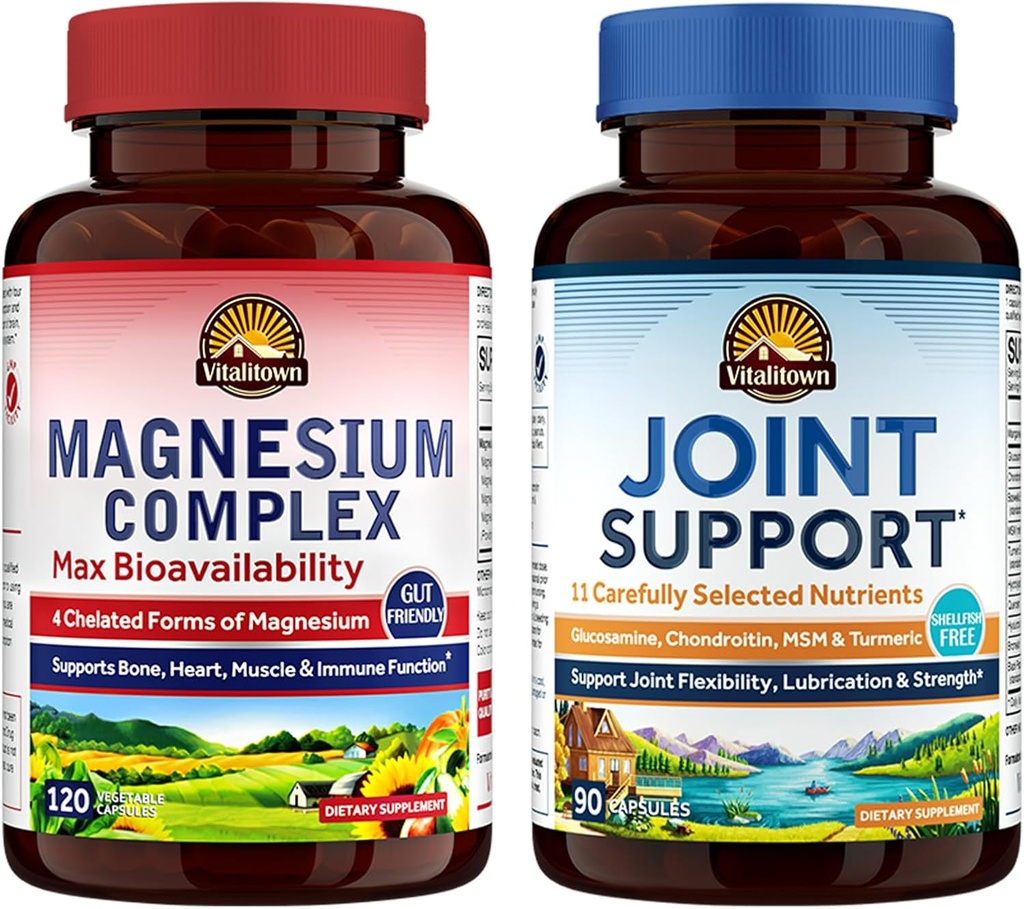 Vitalitown Magnezyum + Glucosamine Chondroitin MSM Sche (Pack of 2) | Magnezyum Kompleksi (Item 1) & Ortak Destek* (Item 2) | 120 Magnezyum Capsules & 90 Ortak Kapsüller