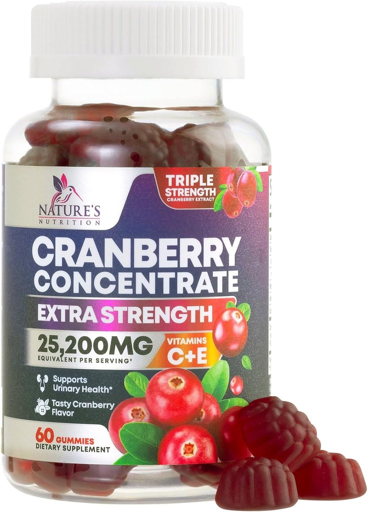 Cranberry Gummies 50:1 Cranberry Extract - Ουροκολλητική υποστήριξη Made with 25,000mg, Helps Cleanse & Protect, Cran Berry Gummy συμπλήρωμα + βιταμίνη C, Μασώμενα χάπια Cran για γυναίκες - 60 Gummies