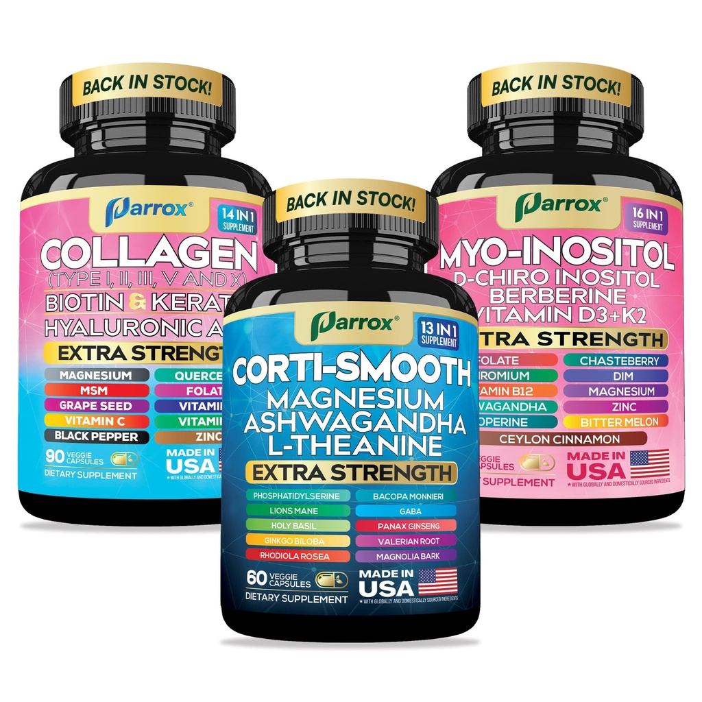 She Shines Set - Collagen Peptides Types I, II, III, V, X, Biotin, Keratin, Myo Inositol & D-Chiro Inositol, Berberine, Cortisol Support, Magnesium, Ashwagandha, L-Theanine, Lions Mane