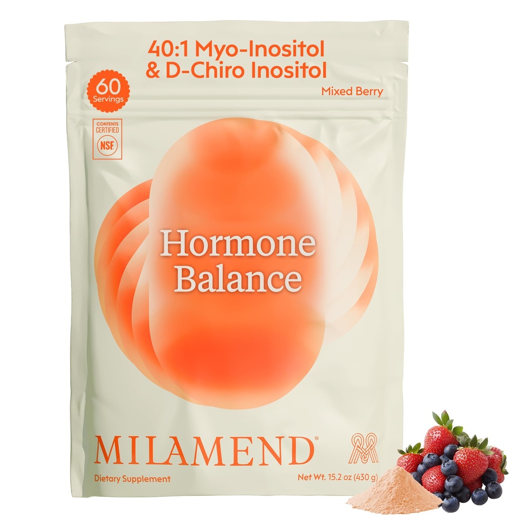 milamend Hormone Balance for Women 40:1 Myo-Inositol D-Chiro Inositol Supplement + CoQ10, ALA, & Amino Acids‚ PCOS, Ovarian & Cycle Support‚ Mixed Berry Powder‚ 60 Servings
