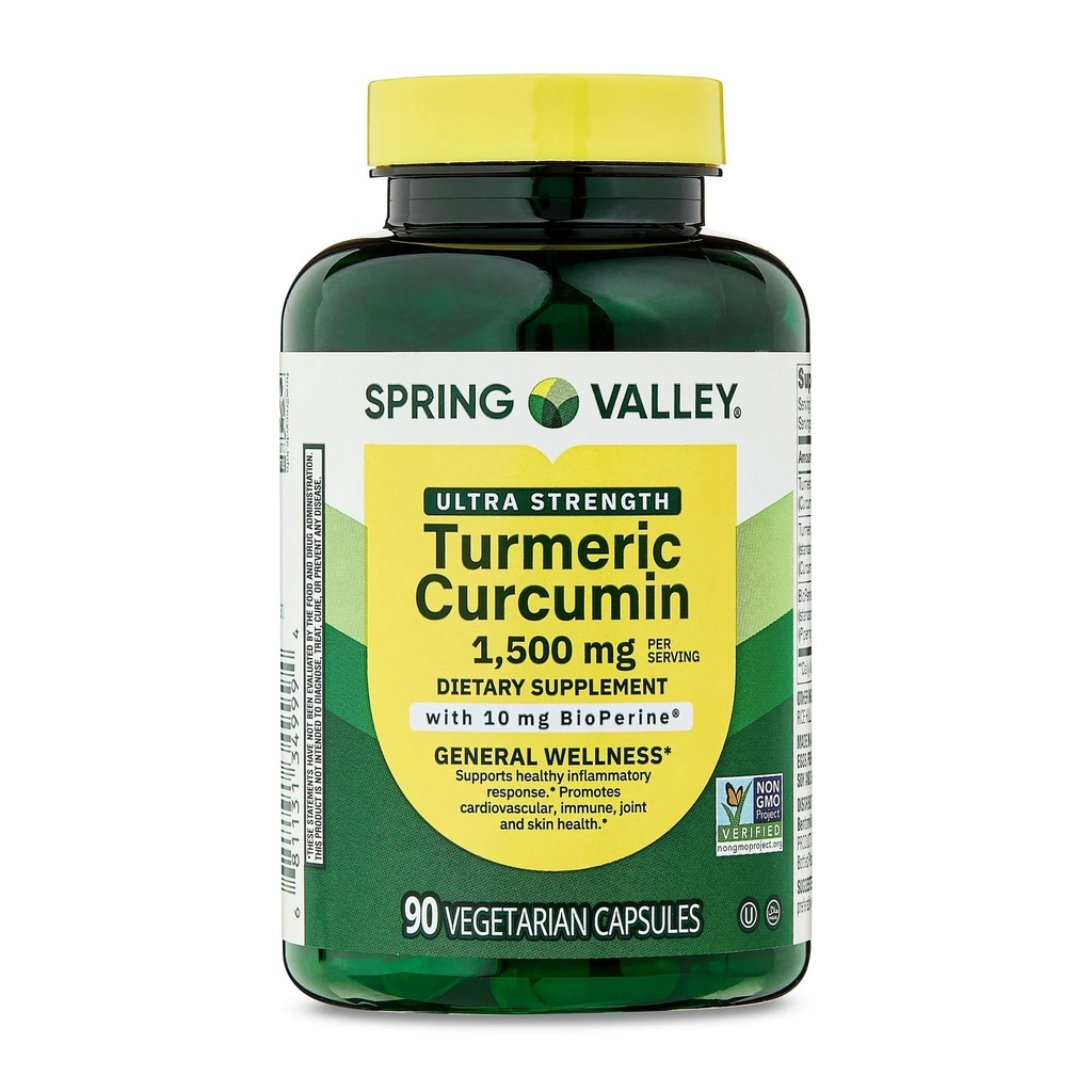 Spring Valley Turmeric Curcumin Supplement – Ultra Strength 1,500 mg, 90 Vegetarian Capsules, Supports Joint & General Wellness (Packaging May Vary)