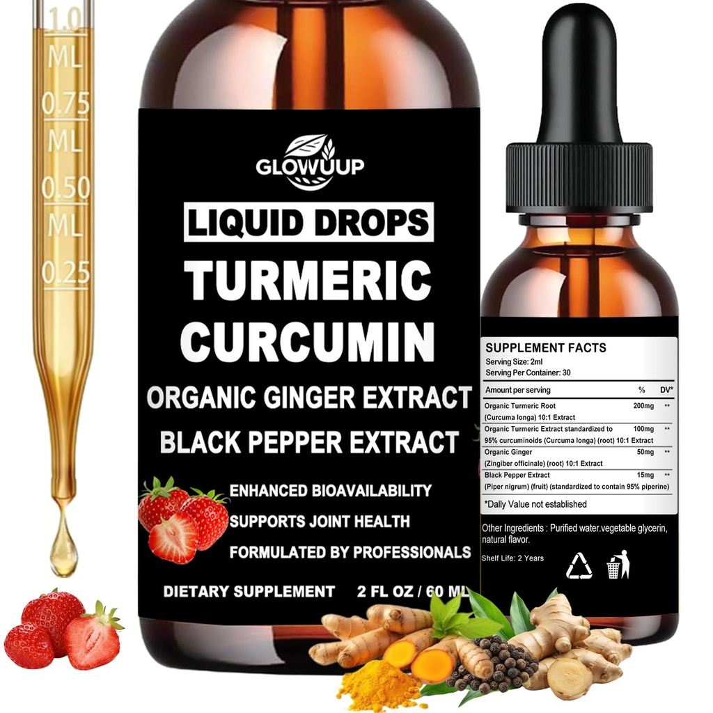 Turmeric Curcumin Liquid Drops, Organic Turmeric and Ginger Supplement, Ultra Potent Turmeric Root with 95% Curcuminoids & BioPerine for Joint Health, Fast Absorption Liquid Turmeric Than Powder丨Vegan