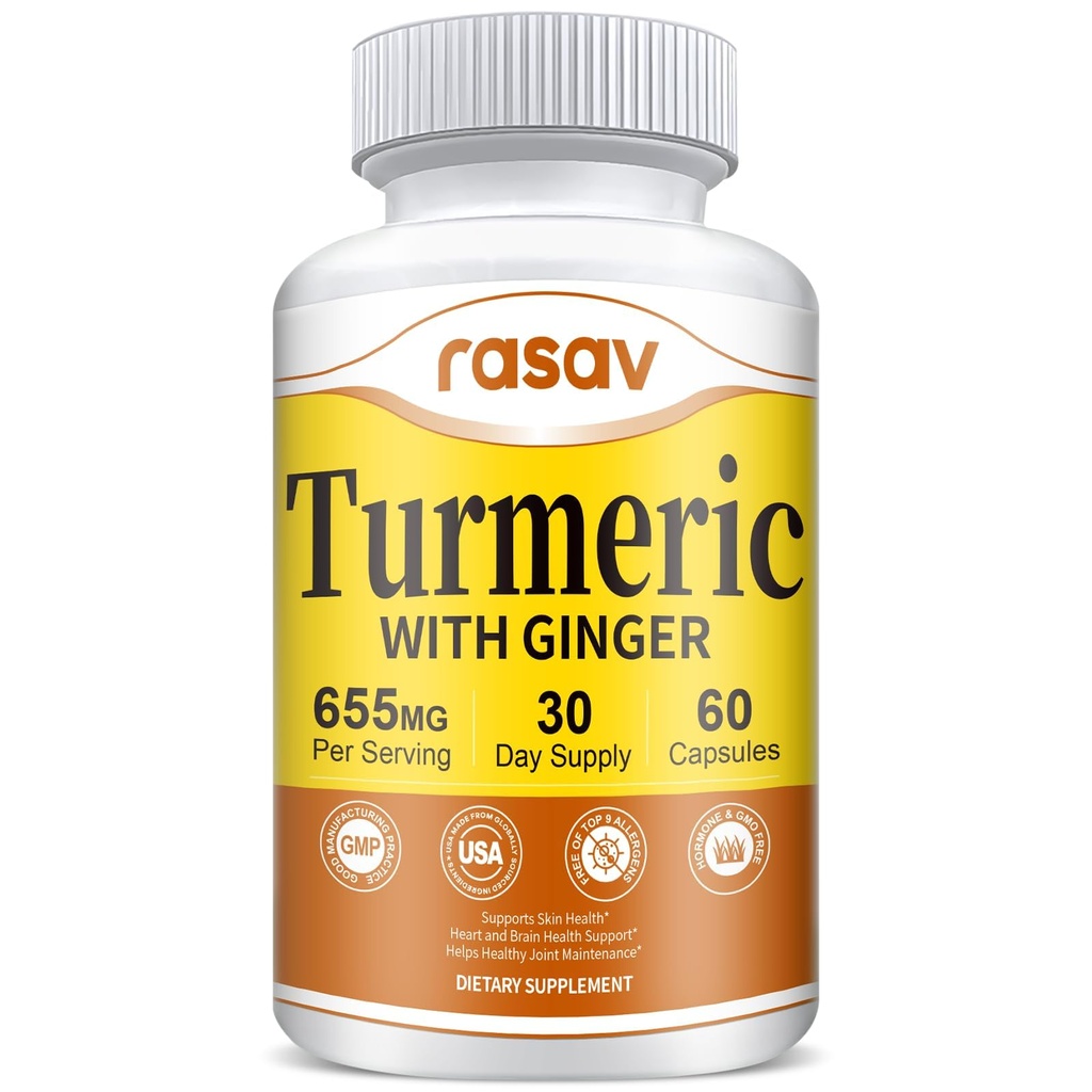 Rasav Turmeric Curcumin Supplement - 95% Curcuminoids with Turmeric & Ginger, Black Pepper for Ultra High Absorption, Support Joint & Digestion Health, Non-GMO, 60 Capsules