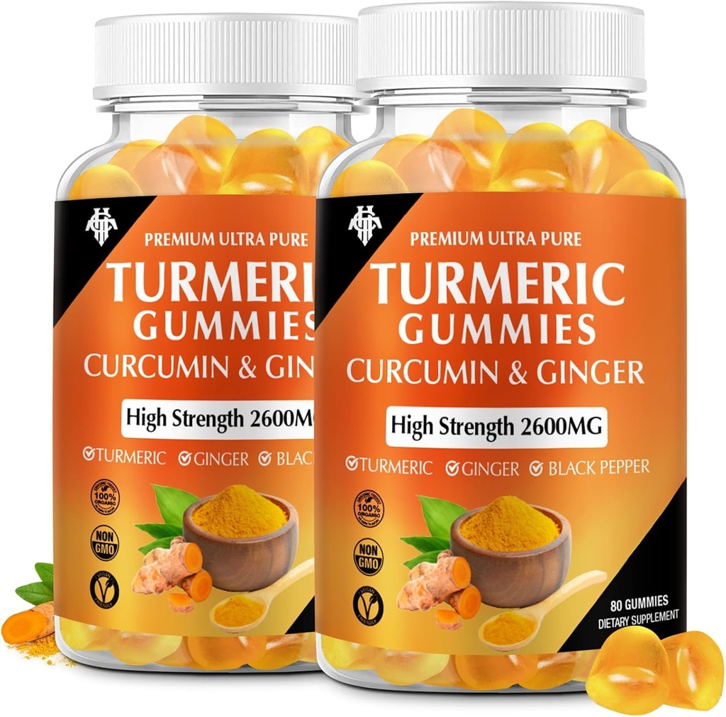 Turmeric Curcumin Gummies (2 Pack) - Turmeric Curcumin Supplements with Ginger & Black Pepper Gummies for Immune Muscle Support Healthy Skin - Vegan, Gluten Free, Low Sugar - for Adults