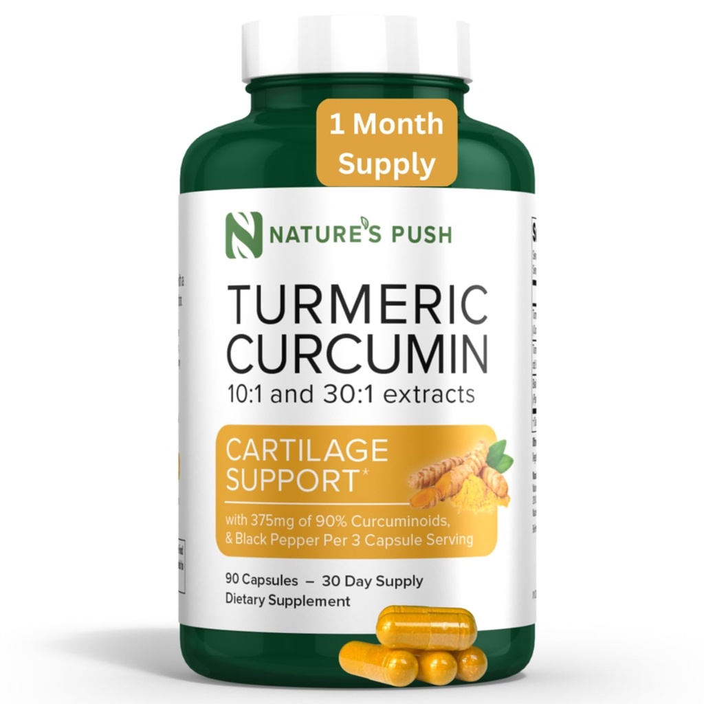 Nature's Push Turmeric Curcumin Super Potent 30:1 Extract 375mg 90% Curcuminoids, 1,350mg Turmeric Root 10:1 Plus Black Pepper for Healthy Inflammation Support Non-GMO Gluten Free Vegan USA 90 Caps
