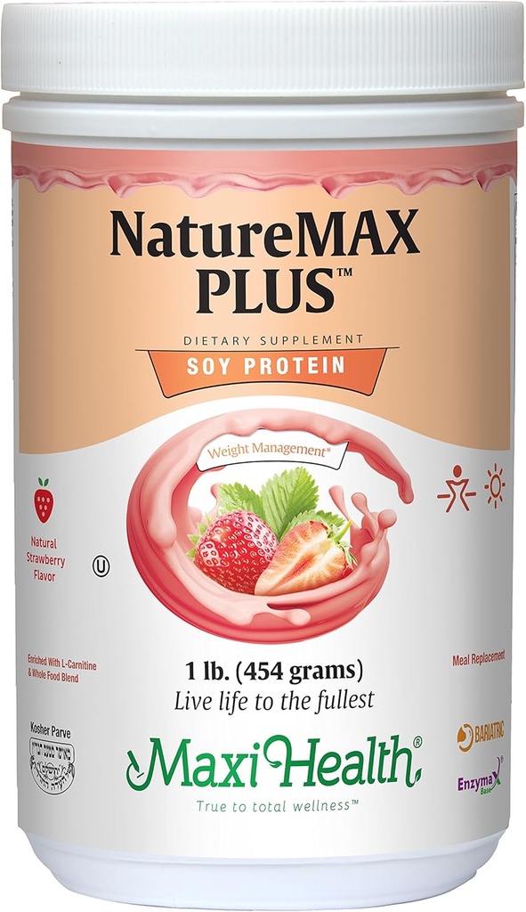 Maxi-Health NatureMAX PlusTM Energy Support Drink Soy Protein Powder - Sugar Free Diet Supplement - 20g Protein Per Serving - Φυσική γεύση φράουλας - Kosher Vitamin - 1lb