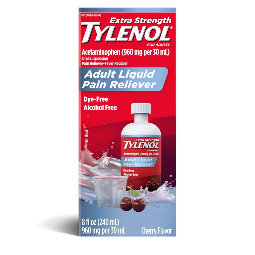 Tylenol Adult Liquid Pain Reliever and Fever Reducer, Extra Strength Liquid Acetaminophen for Fast Pain Relief for Headaches & Other Minor Pain, Cherry Flavor, Dye & Alcohol Free, 8 fl. oz