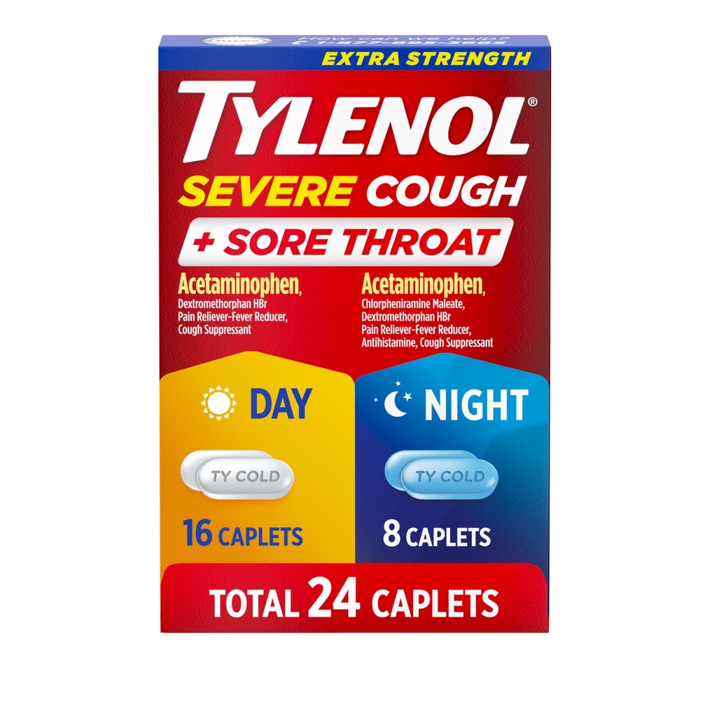 Tylenol Extra Strength Severe Cough + Sore Throat Day & Night Caplets, Combo Pack for Powerful Multi-Symptom Relief for Painful Sore Throat & Cough, Acetaminophen Pain Reliever, 24 ct