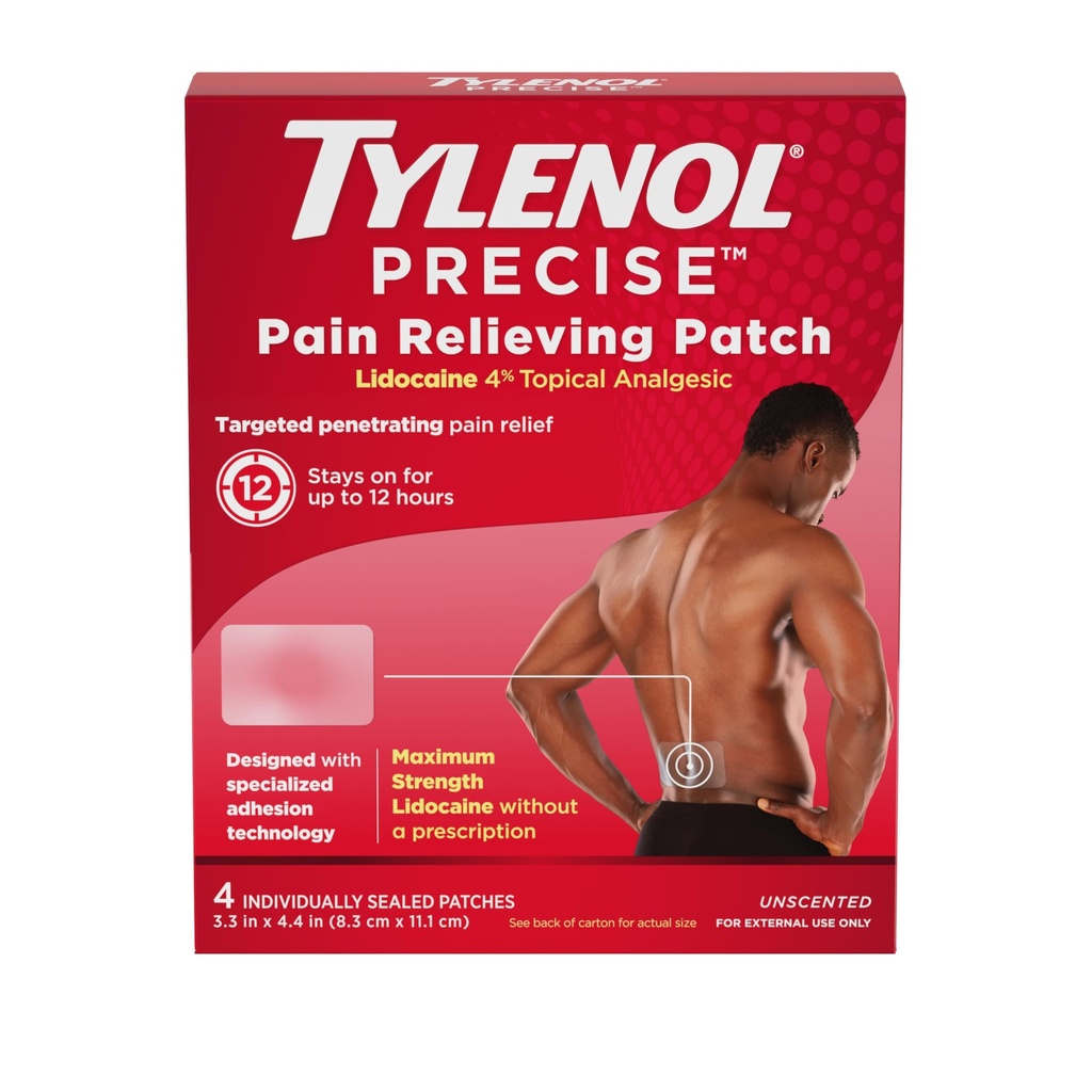 Tylenol Precise Pain Relieving Patches, Large Topical Analgesic Patches + Maximum OTC Strength Lidocaine Penetrates, Targeted Relief Ideal for Shoulder, Back & Knee Pain, Unscented, 4 ct