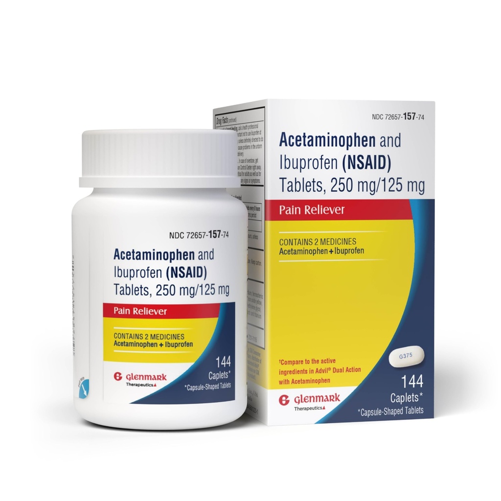 Dual Action Acetaminophen 250mg and Ibuprofen 125mg Caplets, Up to 8h of Pain Relief for Minor Aches and Pain, Headaches, Toothache, Backache, Menstrual Cramps, Minor Arthritis Pain, 144 Count