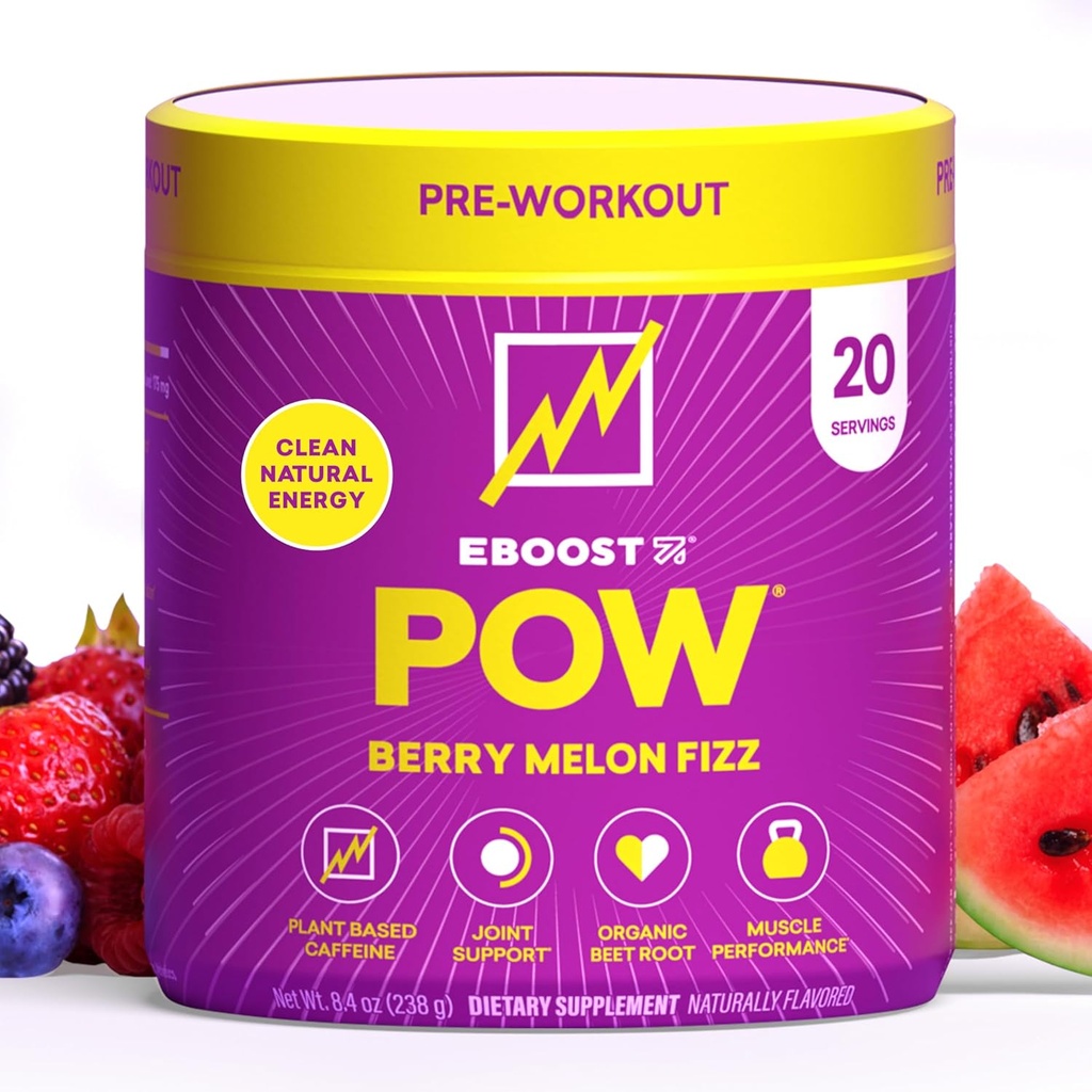 EBOOST POW Natural Pre Workout Toz - 20 Hizmet - Berry Melon Fizz - Performans için Pre Workout Supplement, Ortak Hareketli Destek, Enerji, Focus - Men & Women - Non-GMO, Gluten-Free, No Tinatine
