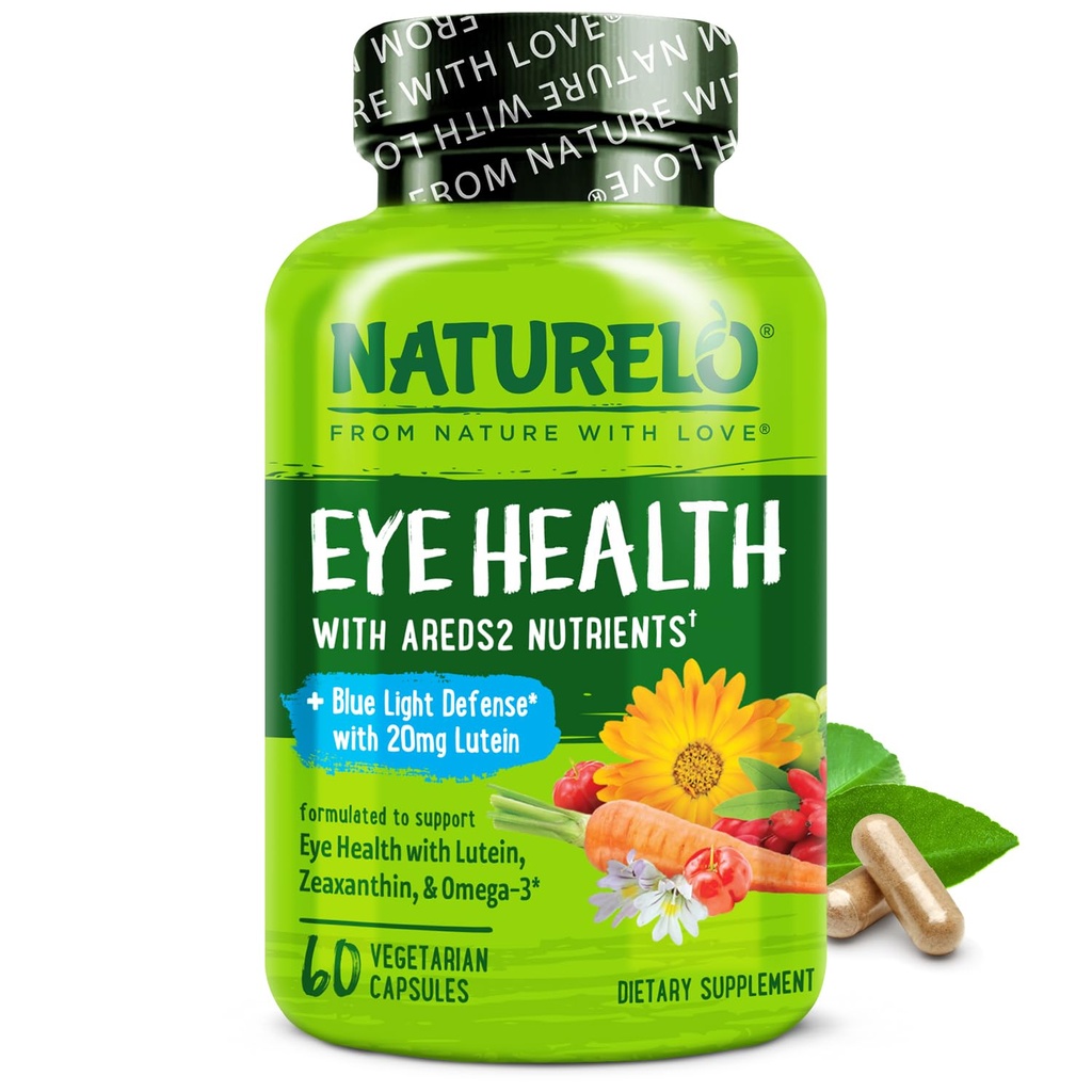 NATURELO Eye Vitamins - AREDS 2 Formula Nutrients with Lutein, Zeaxanthin, Vitamin C, E, Zinc, Plus DHA - Supplement for Dry Eyes, Healthy Vision, Eye Support - 60 Vegan Capsules