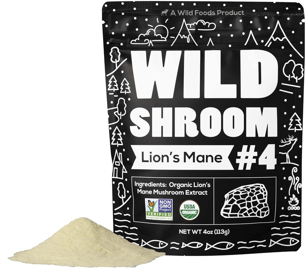 Vahşi Gıdalar Lions Mane Toz Mushrooms 10:1 | Organik Mushroom Toz | Beyin Sağlığı, Hafıza ve Oda (4 Ounce)