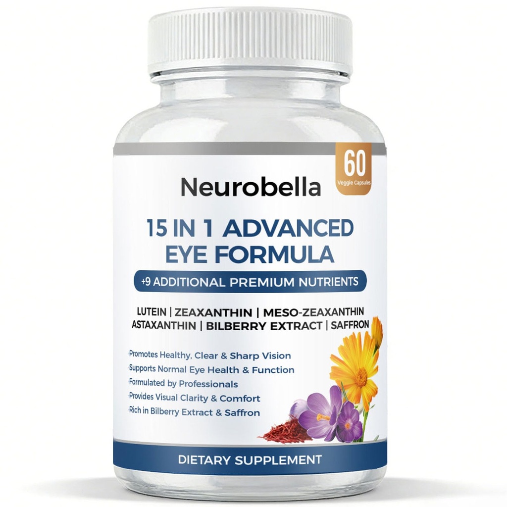 Neurobella Eye Formula, Neurobella 15 in 1 Advanced Eye Formula with All 3 Carotenoids, Lutein & Zeaxanthin, Saffron & Bilberry Extract