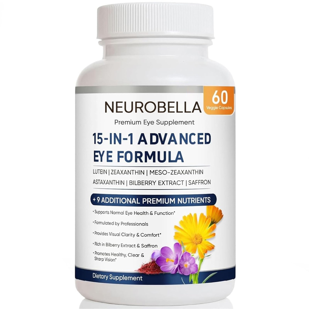 Neurobella Eye Formula, 15 in 1 Daily Eye Wellness Supplement with Lutein Zeaxanthin Bilberry & Vitamins, Clean Capsule Formula for Adult Wellness Routine (1)