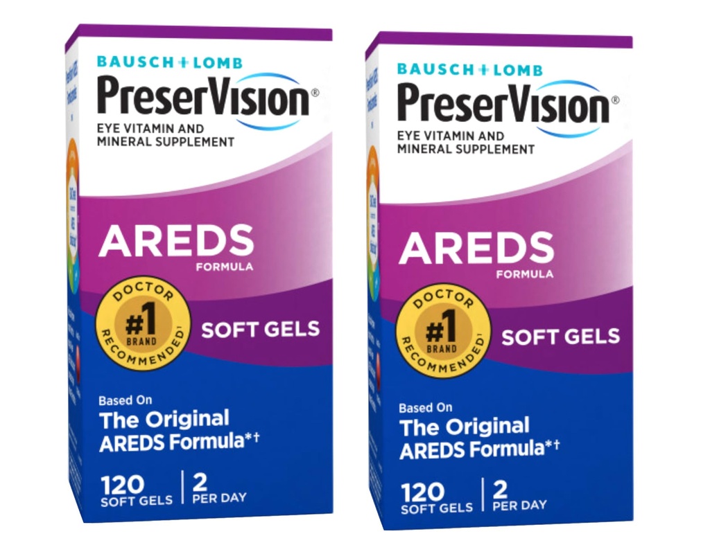 Bausch + Lomb PreserVision AREDS Eye Vitamin & Mineral Supplement Tablets, 120 Count Bottle (Soft Gels) (Pack of 2)