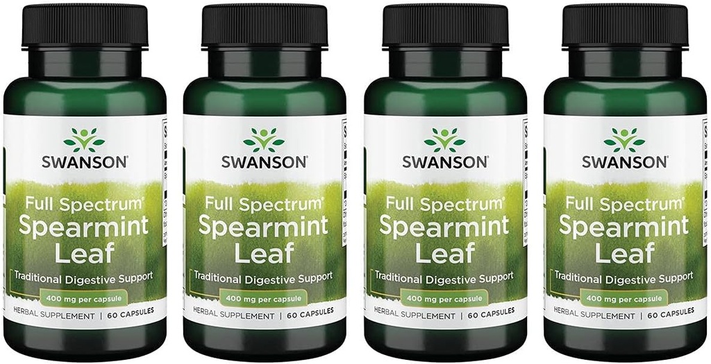 Swanson Spearmint Leaf (Mentha Spicata)- Full Spectrum Herbal Supplement Supporting Digestive Health ' &' Mild Stomach Issues - (60 Capsules, 400 mg Her) 4 Pack