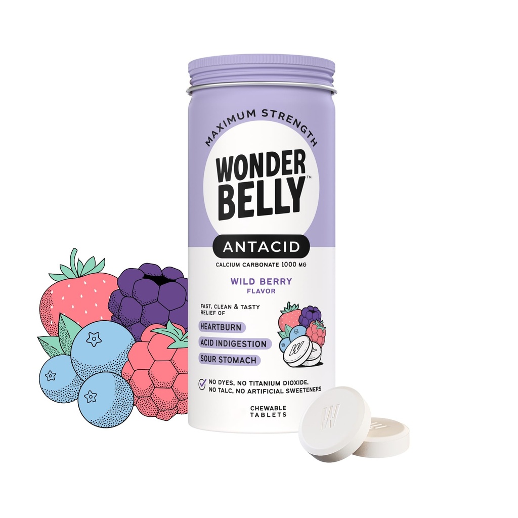 Wonderbelly Antacid Effective Heartburn and Instant Acid Indigestion Relief Extra Strength Chewable Tablets 1000 mg Calcium Carbonate No Talc or Dye Wild Berry 50 count