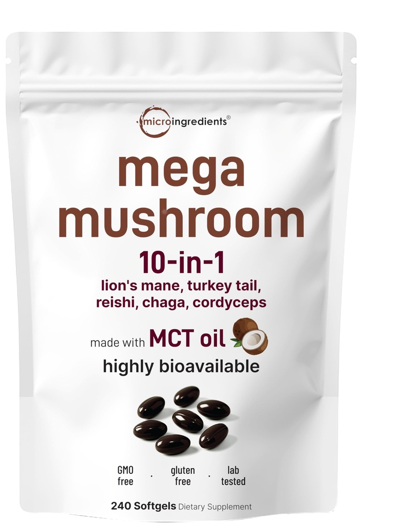 Micro Ingredients 10‑in‑1 Mega Mushroom Complex Supplement – Lions Mane, Cordyceps, Reishi, Chaga & More – 240 Softgels with MCT Oil – 4 Month Supply – Adaptogenic Functional Mushroom Blend