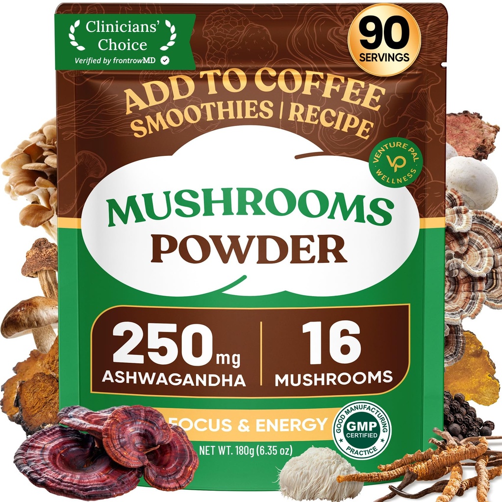Venture Pal 16 in 1 Mushroom Powder (90 Servings) - 1,730mg Mushroom Coffee Alternative with Ashwagandha, Lion’s Mane, Chaga & More | 100% Fruiting Bodies | Support Immune, Focus & Energy
