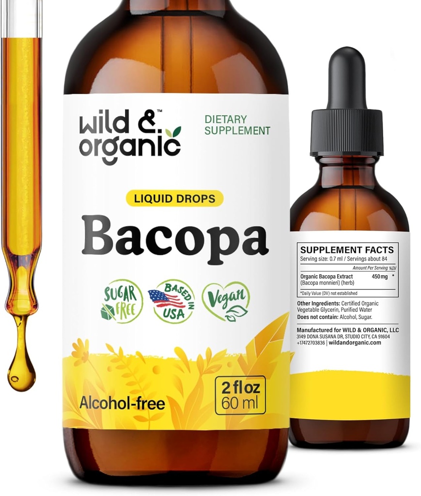 Wild & Organic Bacopa Tincture - Destekler Calm, Focus, Clarity - Bacopa Monnieri Supplement Liquid - Brahmi Extract - Vegan, Sugar-Free - 2Month Supply - 2 fl oz