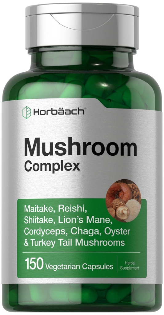 Horbäach Mushroom Complex Capsules | 150 Count | Non-GMO & Gluten Free Supplement | Reishi, Chaga, Lions Mane, Cordyceps, Maitake, Shiitake, Oyster and Turkey