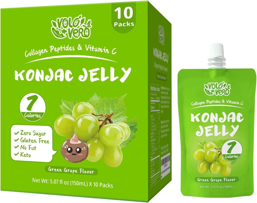 Konjac Jelly Pouch Ποτό Πράσινο σταφύλι Γεύση, Χαμηλές θερμίδες (7 Kcal), 10 συσκευασίες, Χωρίς γλουτένη, Μηδενική ζάχαρη, Κέτο, Πεπτίδες κολλαγόνου, Βιταμίνη C Γλυκά Υγιή Σνακ Φρούτων Δώρα